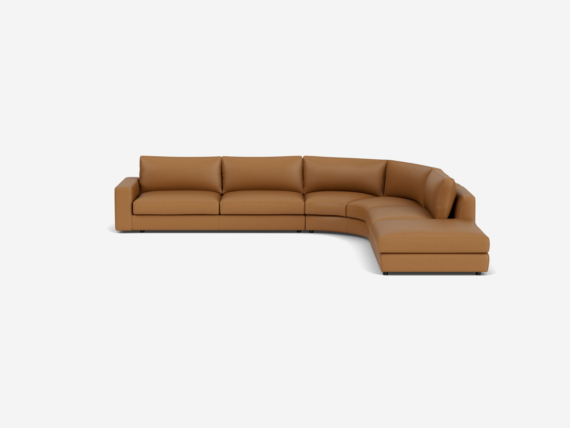 Front view of right hand facing brown leather sectional sofa